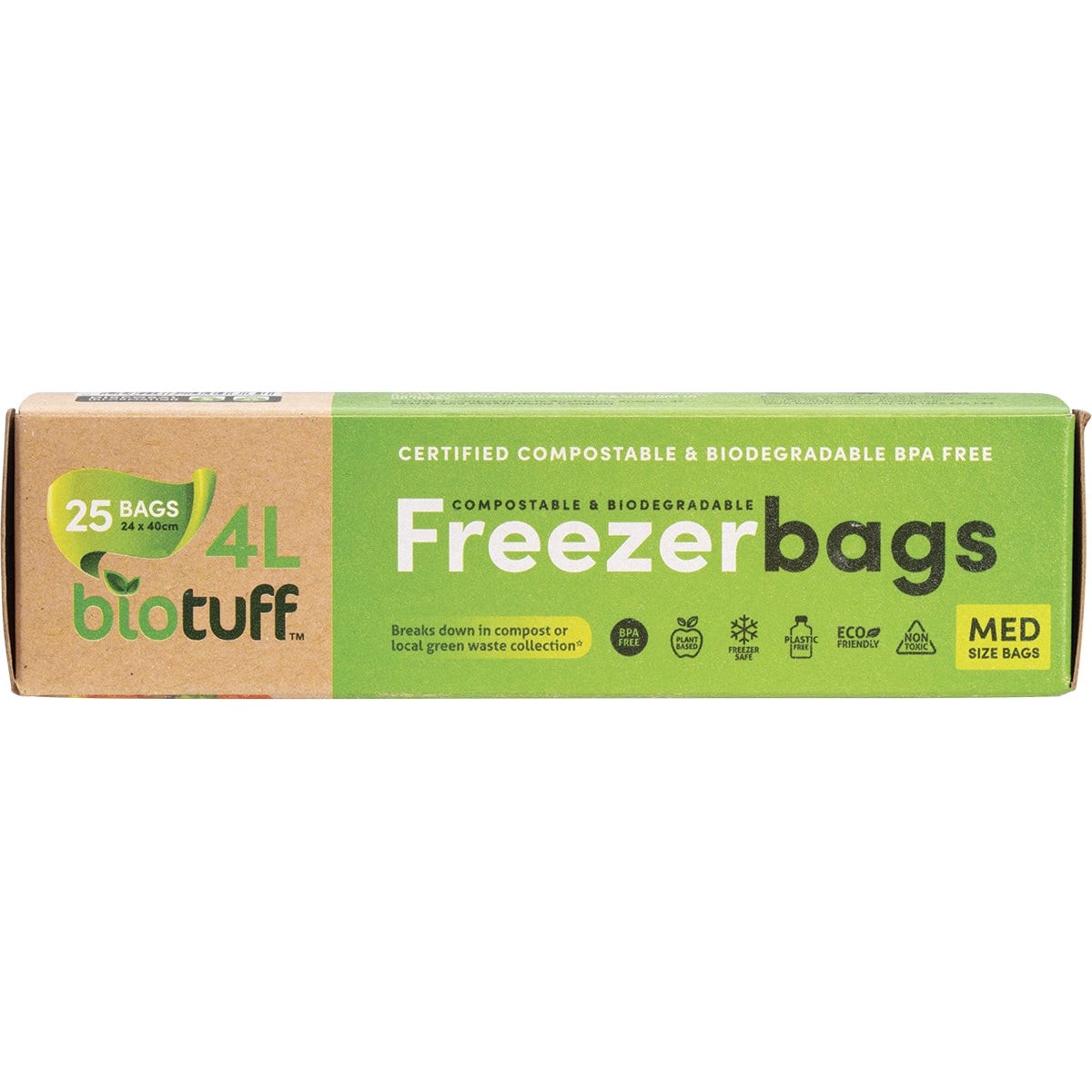 Top view of a green box of Biotuff medium 4L compostable freezer bags 25 pack on a white background.