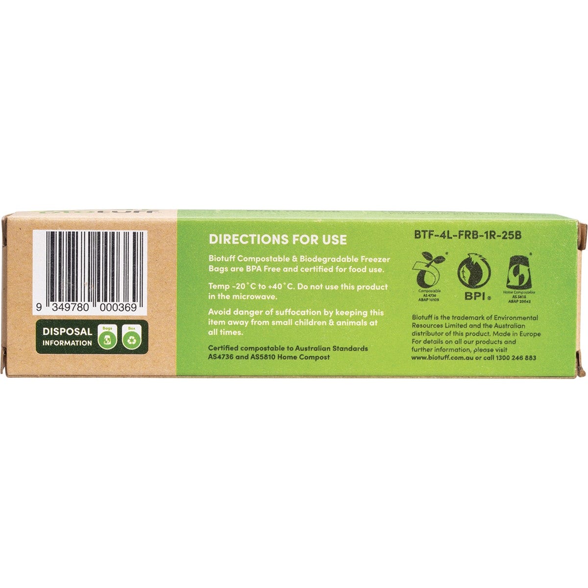 Side view of a green Biotuff 25 pack of medium 4L compostable freezer bags box on a white background.
