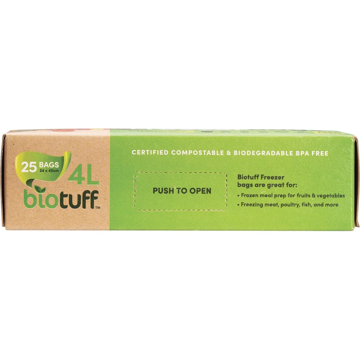 Back of Biotuff 25 pack medium 4L compostable freezer bags box with features and certification details.