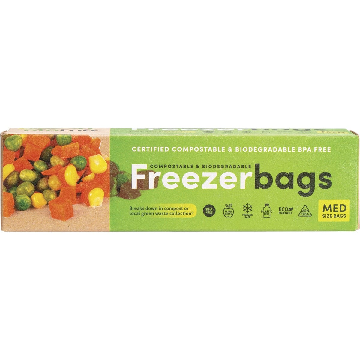 25 pack of Biotuff medium 4L compostable freezer bags in a green box featuring a corn illustration on a white background.
