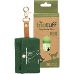 Biotuff compostable dog waste bags and dispenser pack with four rolls of green bags and a clip-on dispenser.