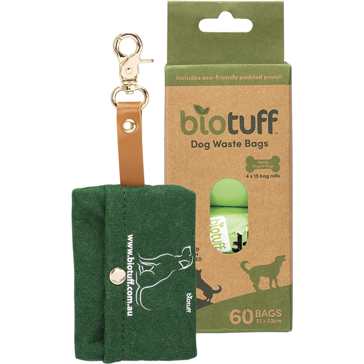 Biotuff compostable dog waste bags and dispenser pack with four rolls of green bags and a clip-on dispenser.