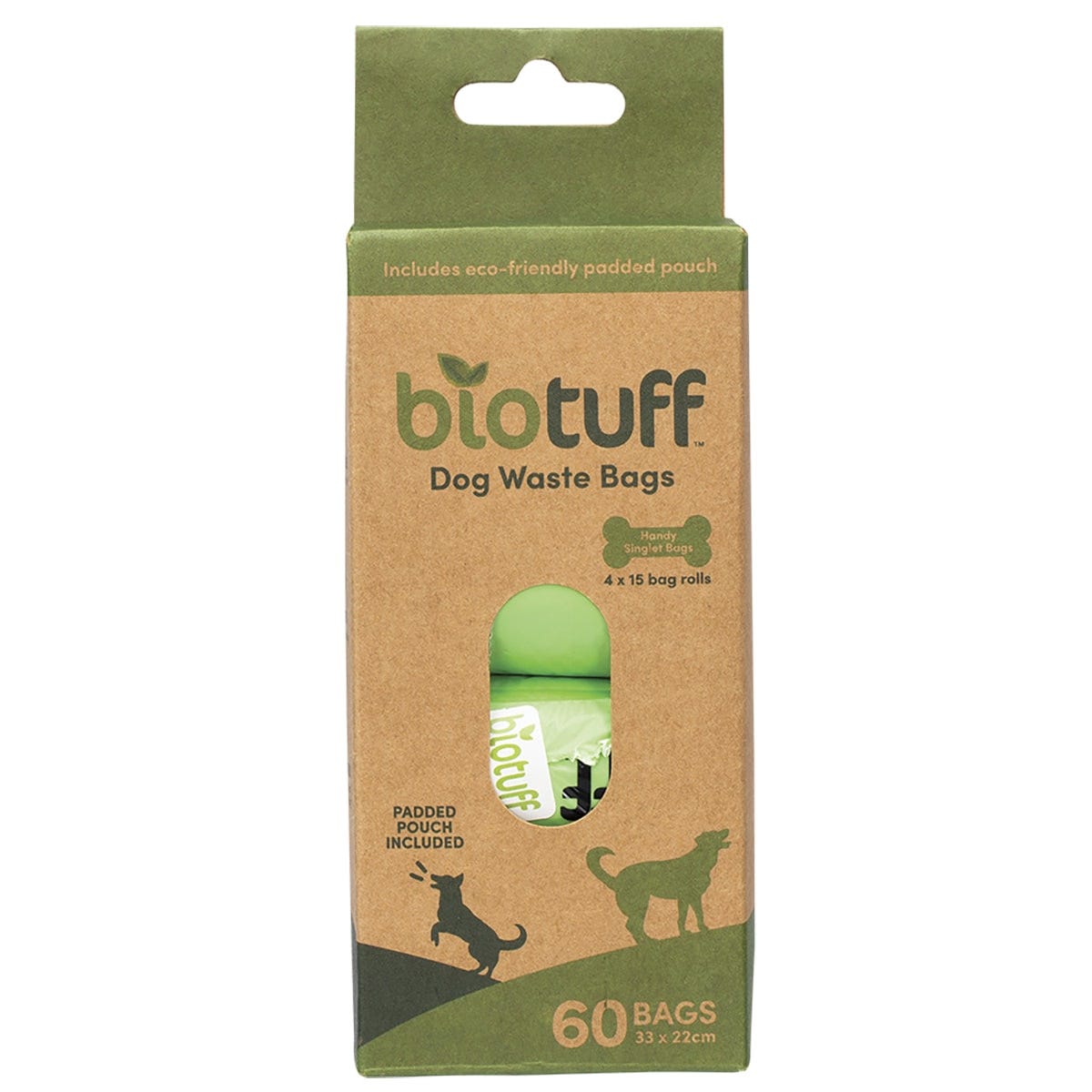 Four rolls of green Biotuff compostable dog waste bags on a white background.