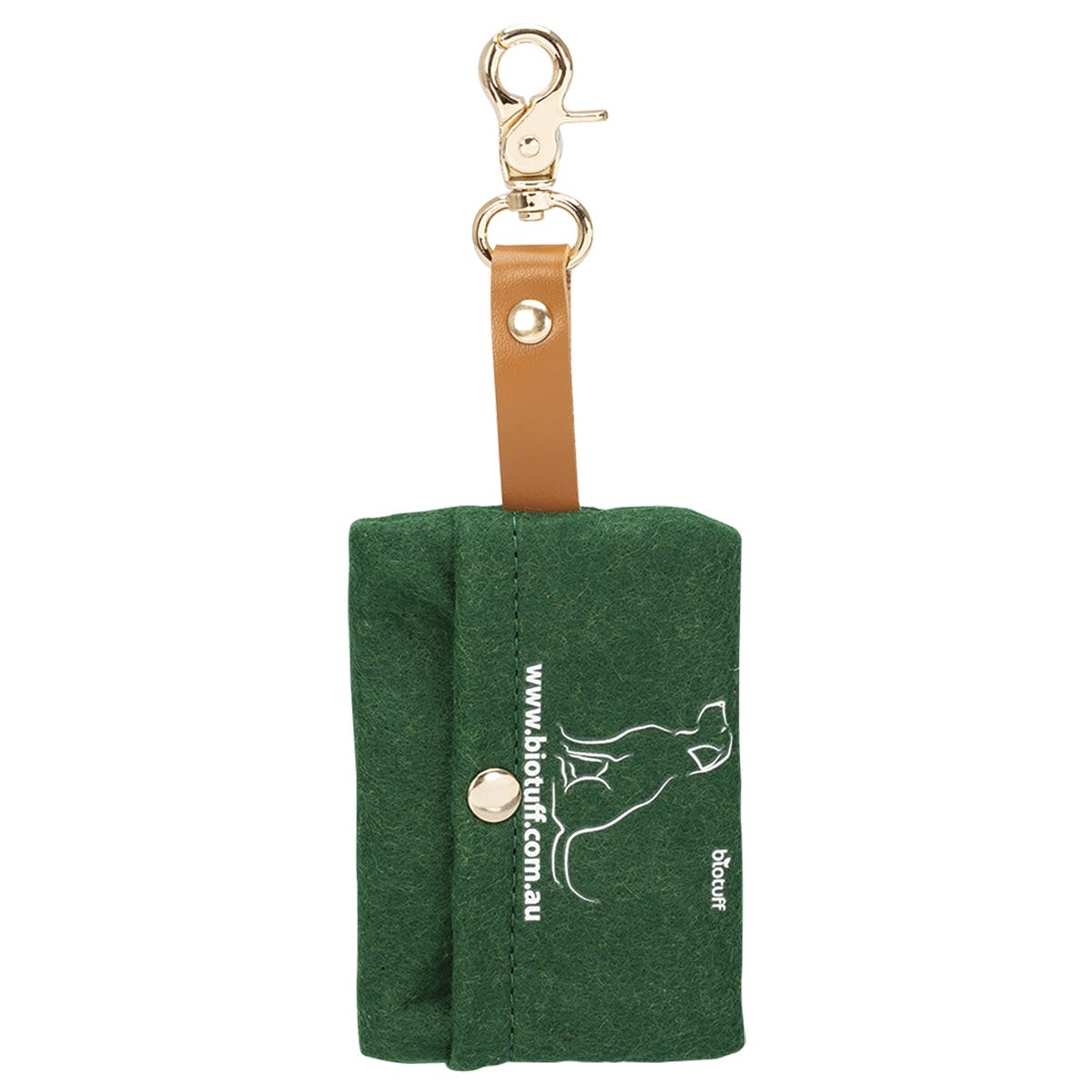 Green Biotuff compostable dog waste bag dispenser with a silver clip and a green bag roll on a white background.