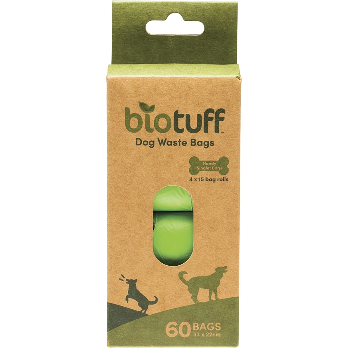 Four rolls of green Biotuff compostable dog waste bags with a 60-pack refill box on a white background.