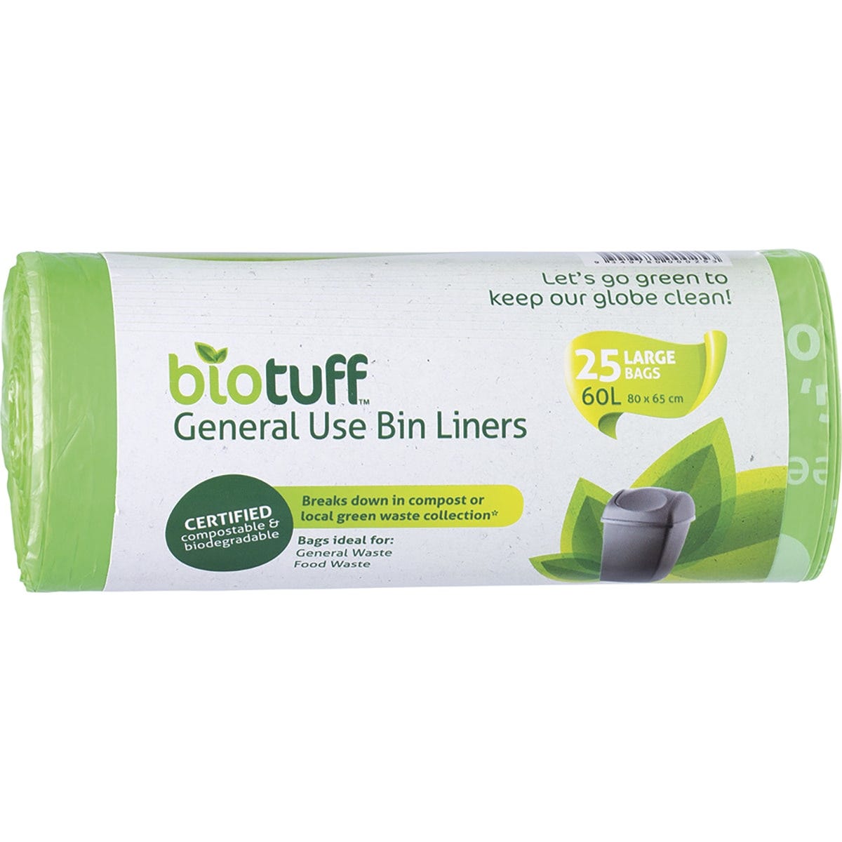 Pack of 25 Biotuff 60L compostable large bin liners in a green box featuring plant-based and eco-friendly icons.