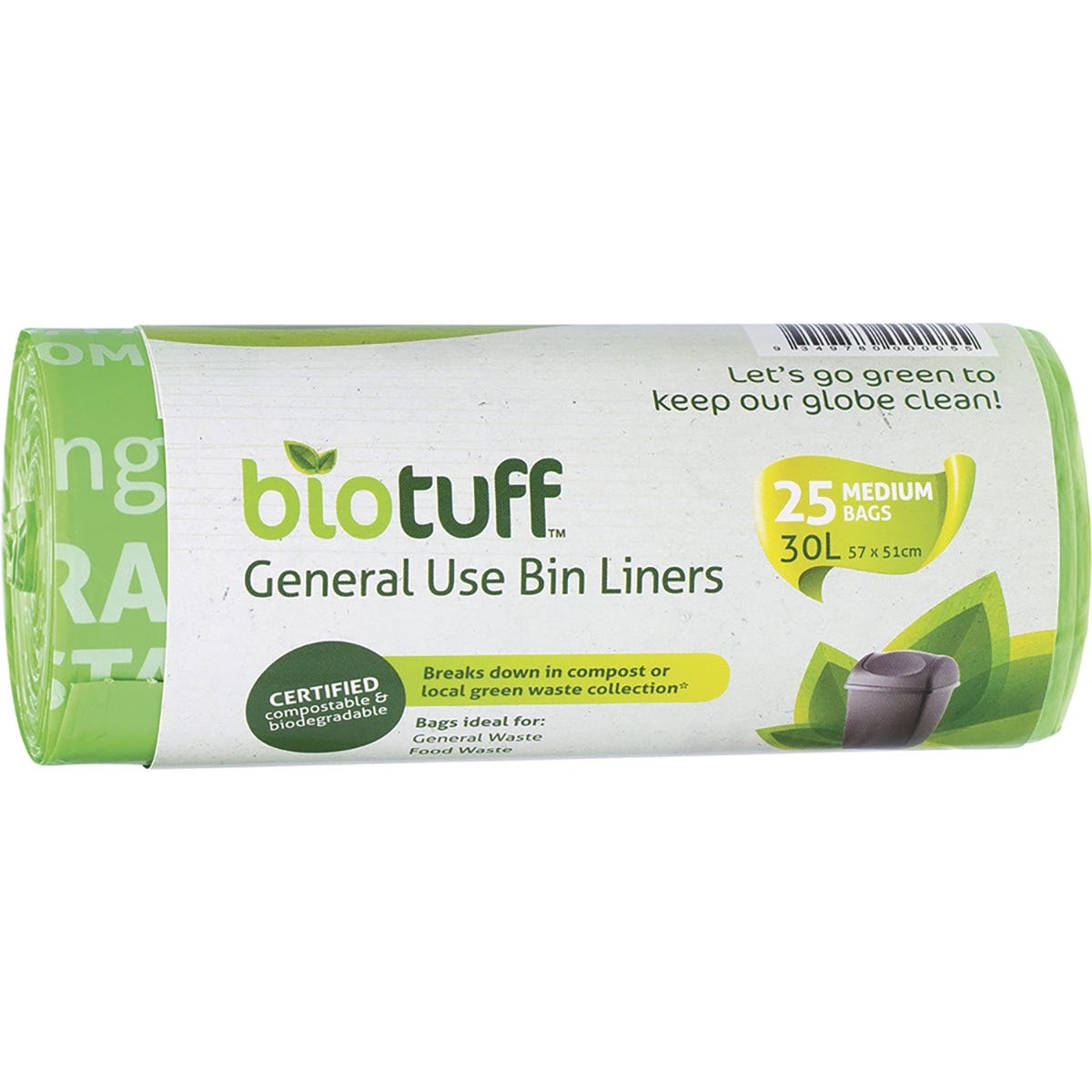 Green Biotuff 30L medium bin liners 25 pack roll made from compostable plant-based resin and corn starch.