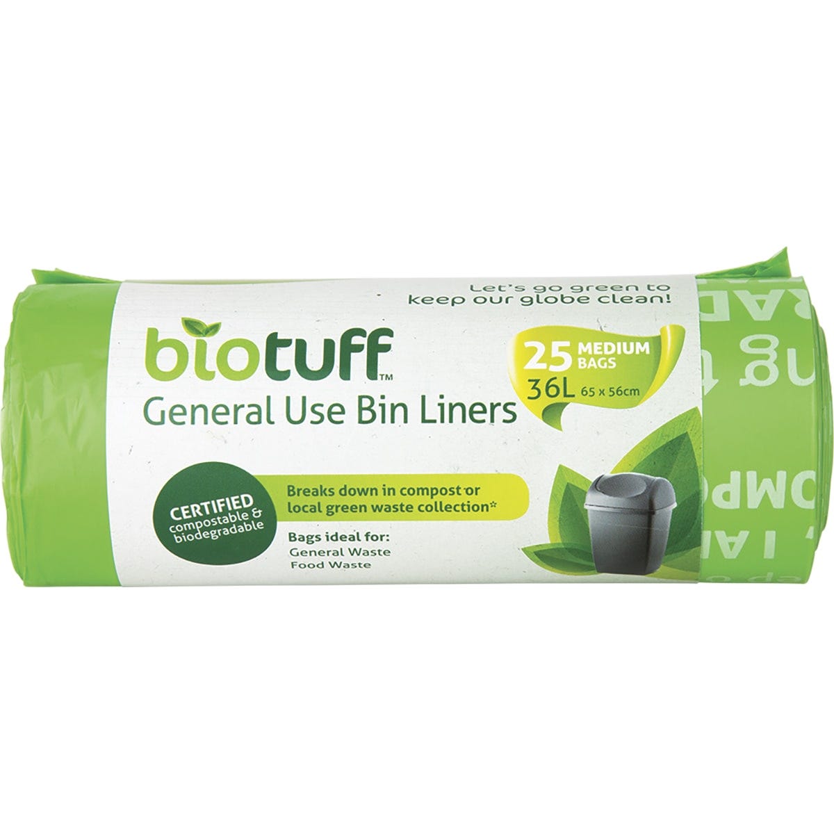 Biotuff 36L medium bin liners 25 pack roll, biodegradable and compostable plant-based green bags.