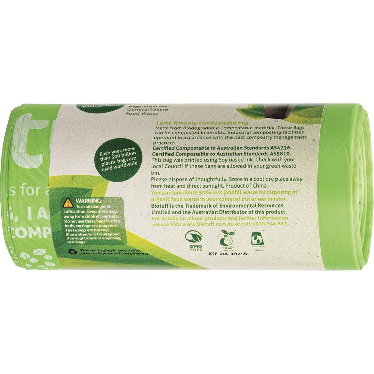 Biotuff 20L medium general use bin liners box and a roll of 25 green compostable bags on a white background.