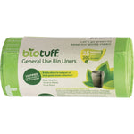 Roll of 25 green Biotuff 20L medium general use bin liners on a white background with compostable certification logos.