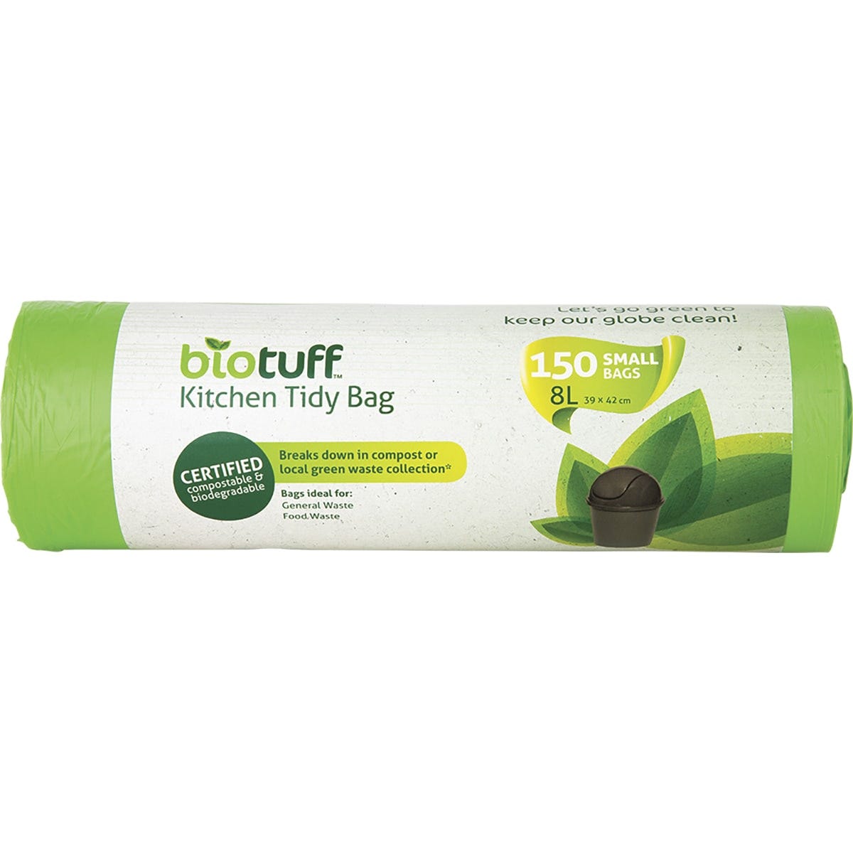 Biotuff small 8L compostable kitchen tidy bags, 150 pack roll, green plant-based corn starch resin.