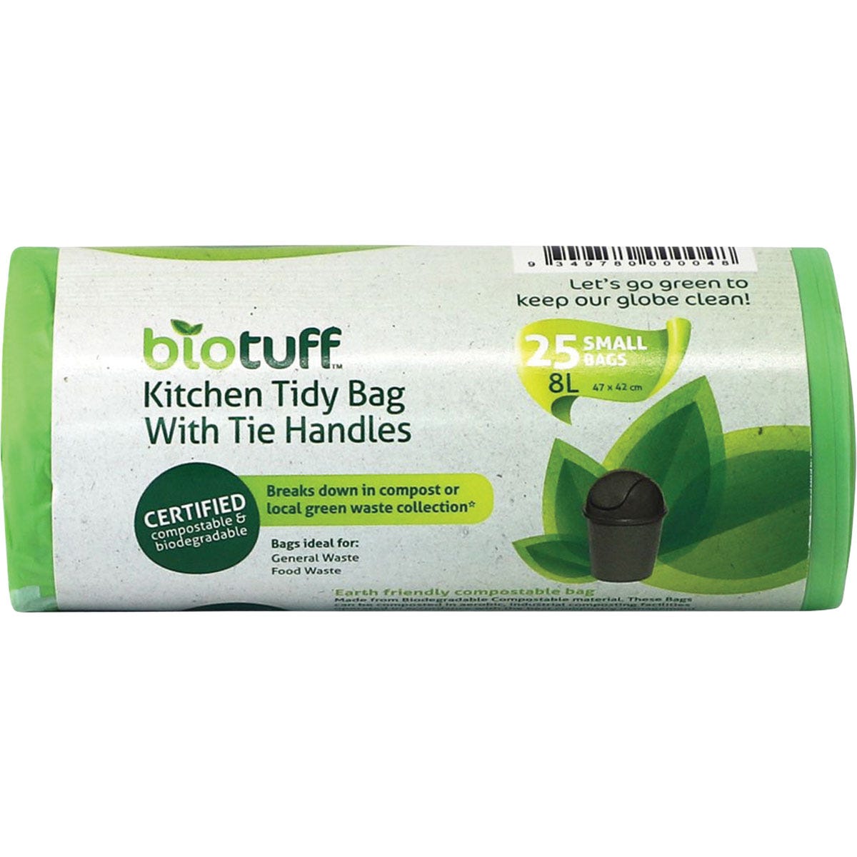 Biotuff Small 8L Kitchen Tidy Bags 25 pack, green compostable bin liners with handles.