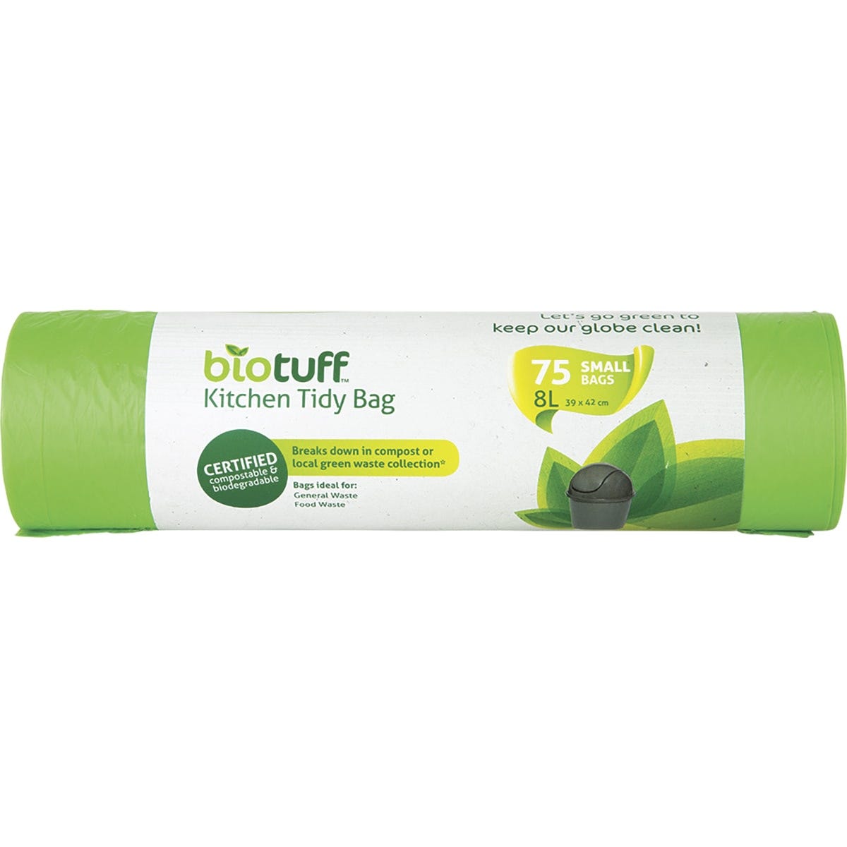 Biotuff Kitchen Tidy Bag Small 8L 75 Pack of green compostable bin liners on a white background.