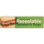Box of 30 Biotuff compostable resealable sandwich bags, 18x17cm, with green leaf accents and ziplock seal.
