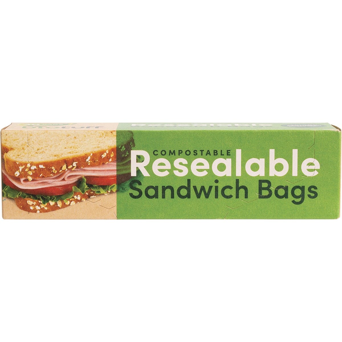 Box of 30 Biotuff compostable resealable sandwich bags, 18x17cm, with green leaf accents and ziplock seal.