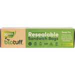 Side view of a Biotuff 30 pack box of resealable sandwich bags showing product features and certifications.