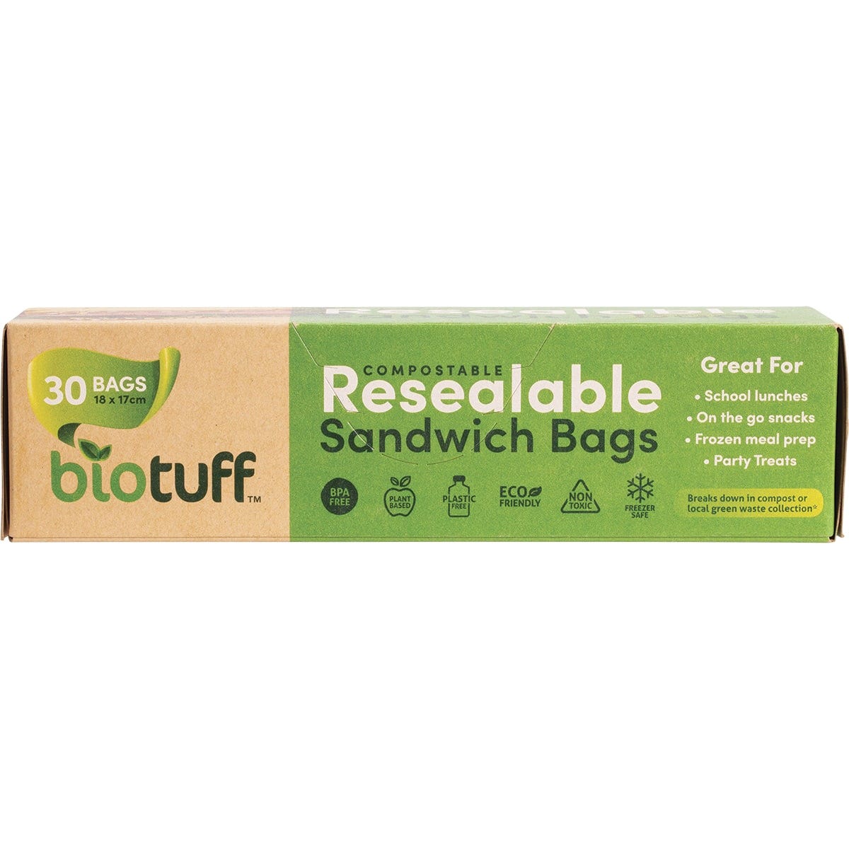 Side view of a Biotuff 30 pack box of resealable sandwich bags showing product features and certifications.