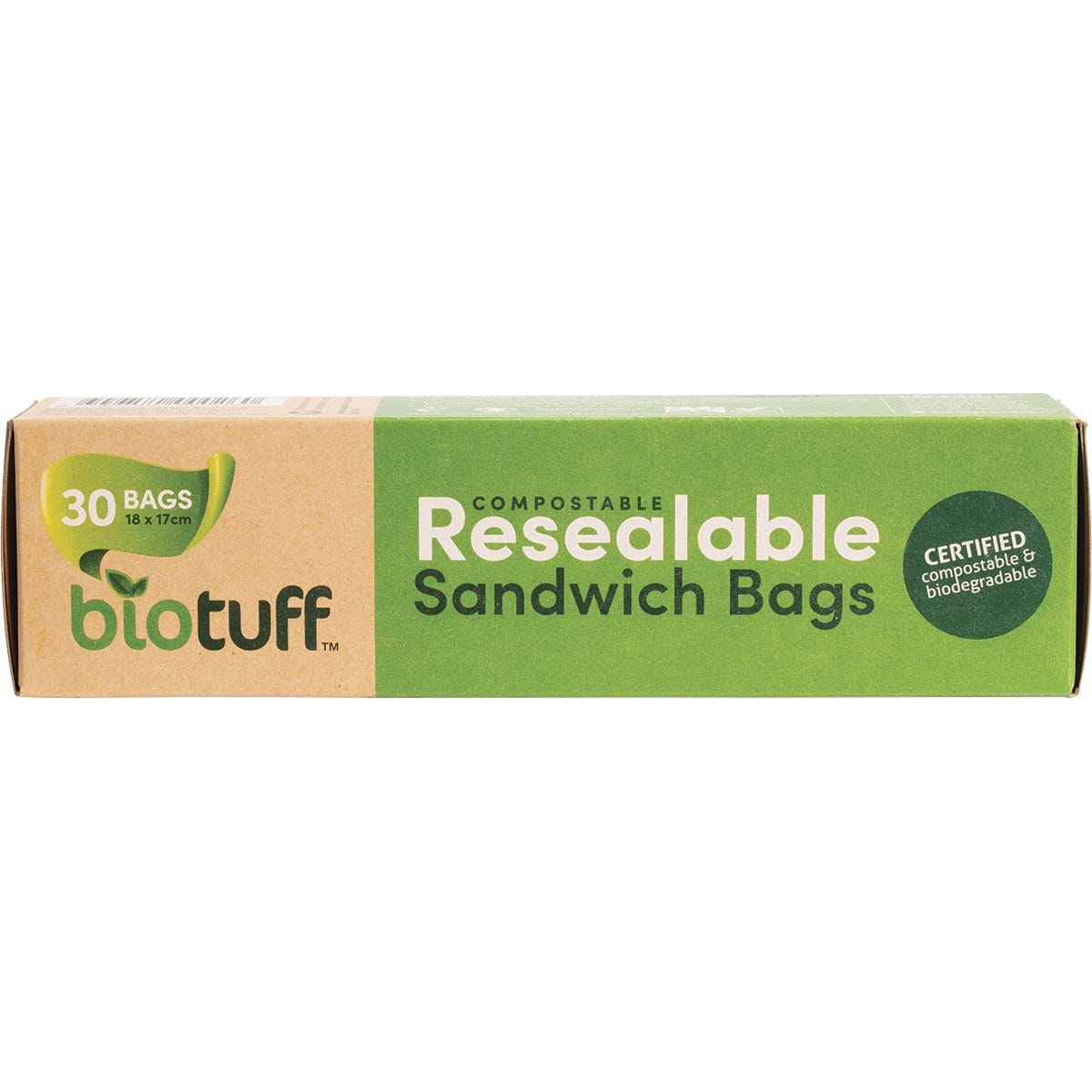 Box of 30 Biotuff compostable resealable sandwich bags, 18x17cm, showing the top of the box on a white background.