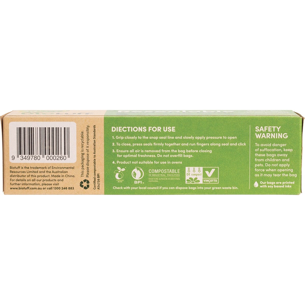 Box of 30 Biotuff compostable resealable sandwich bags, 18x17cm, with green leaf accents on a white background.