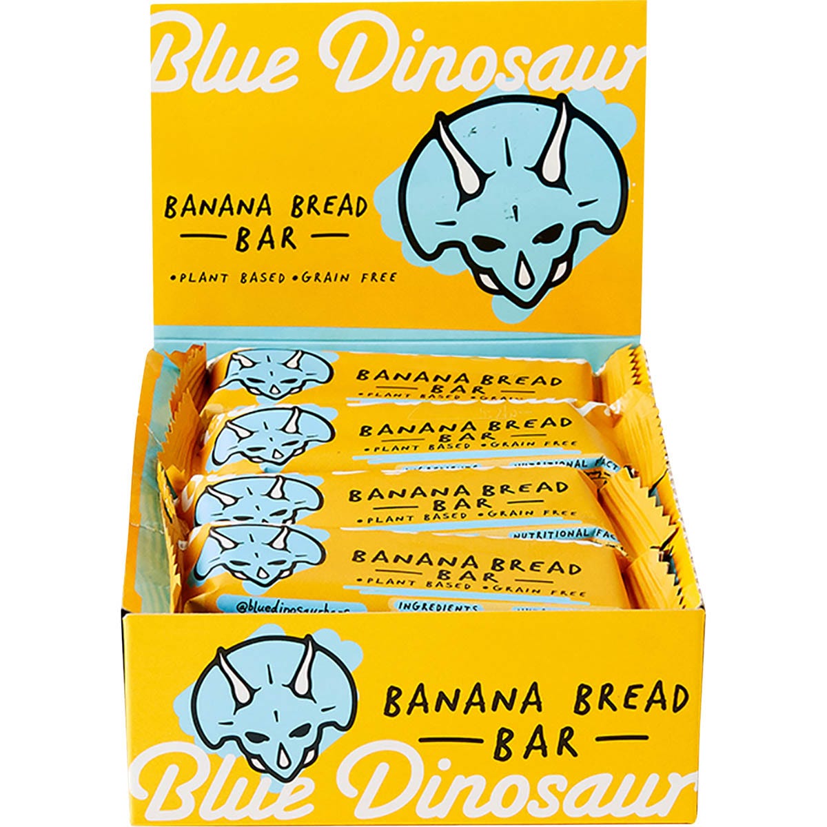 Side view of a 12-pack display box for Blue Dinosaur Banana Bread snack bars on a white background.