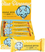 Blue Dinosaur Banana Bread 12-pack box and individual 45g snack bar with organic banana, cinnamon, and coconut.