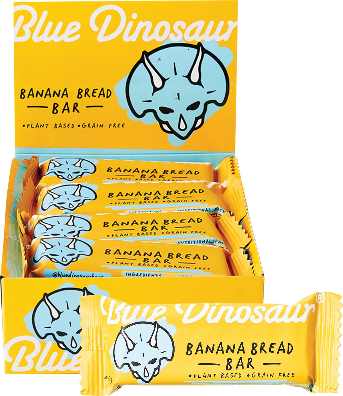 Blue Dinosaur Banana Bread 12-pack box and individual 45g snack bar with organic banana, cinnamon, and coconut.