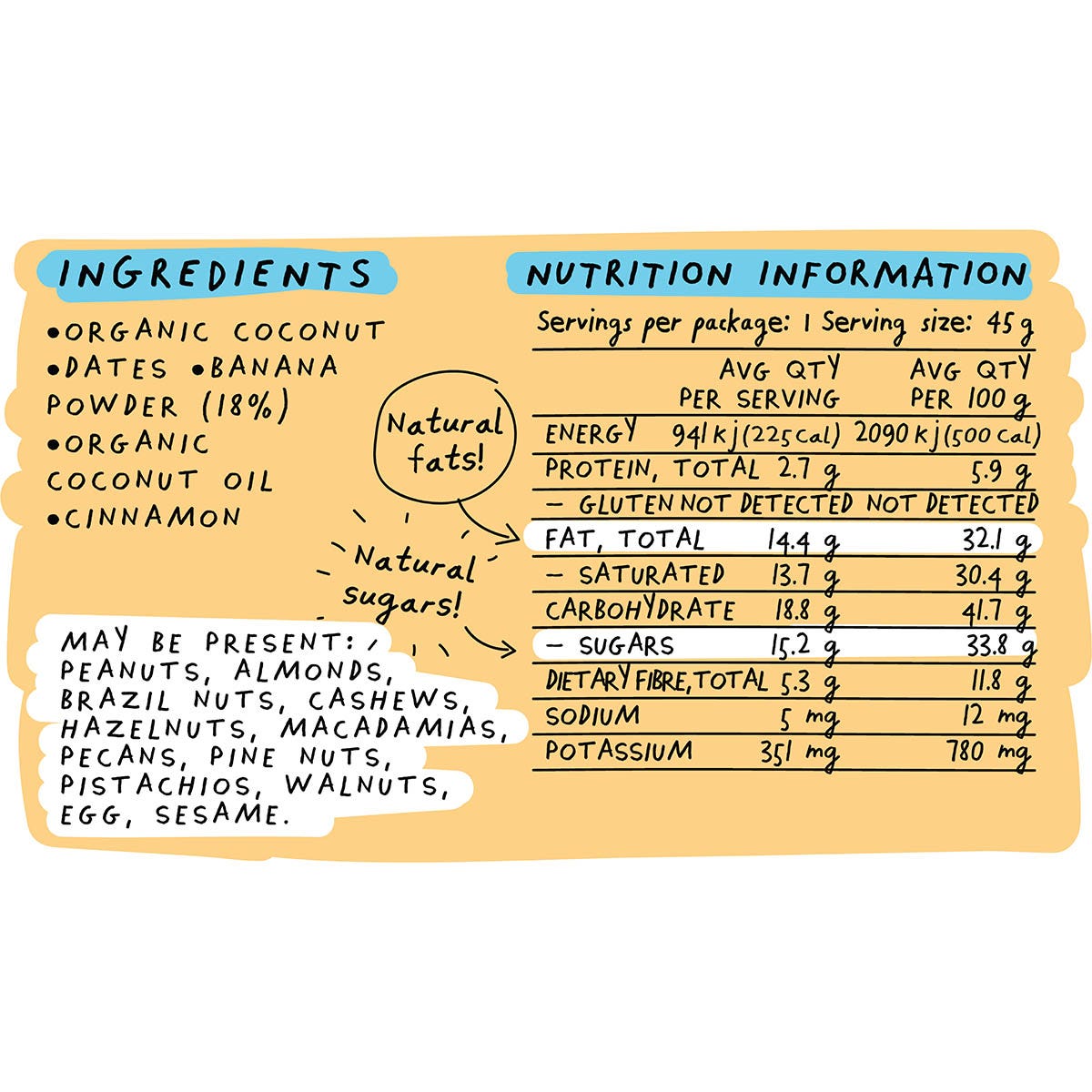 Back of a 45g Blue Dinosaur Banana Bread snack bar wrapper showing nutritional facts and ingredients on a white background.