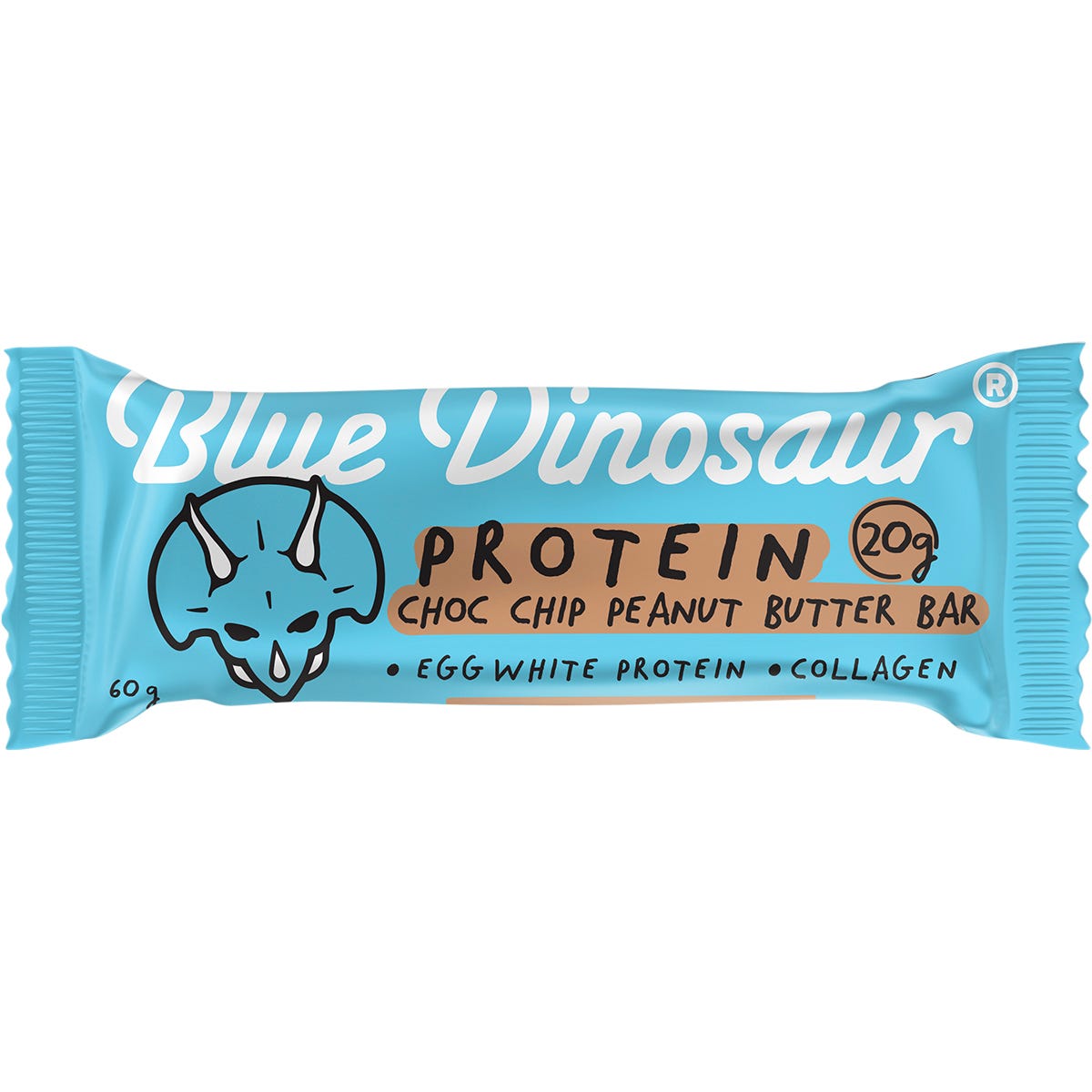 Blue Dinosaur 60g Choc Chip Peanut Butter Protein Bar in its blue wrapper on a white background.