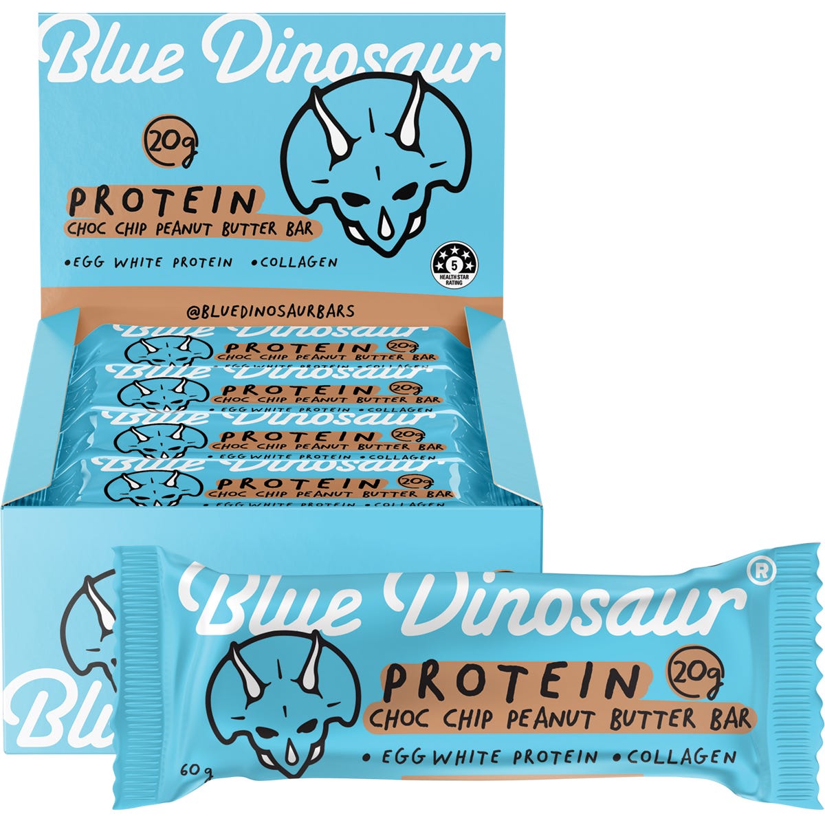 Blue Dinosaur Choc Chip Peanut Butter Protein Bar 12-pack box and individual 60g bar with chocolate chip illustrations.