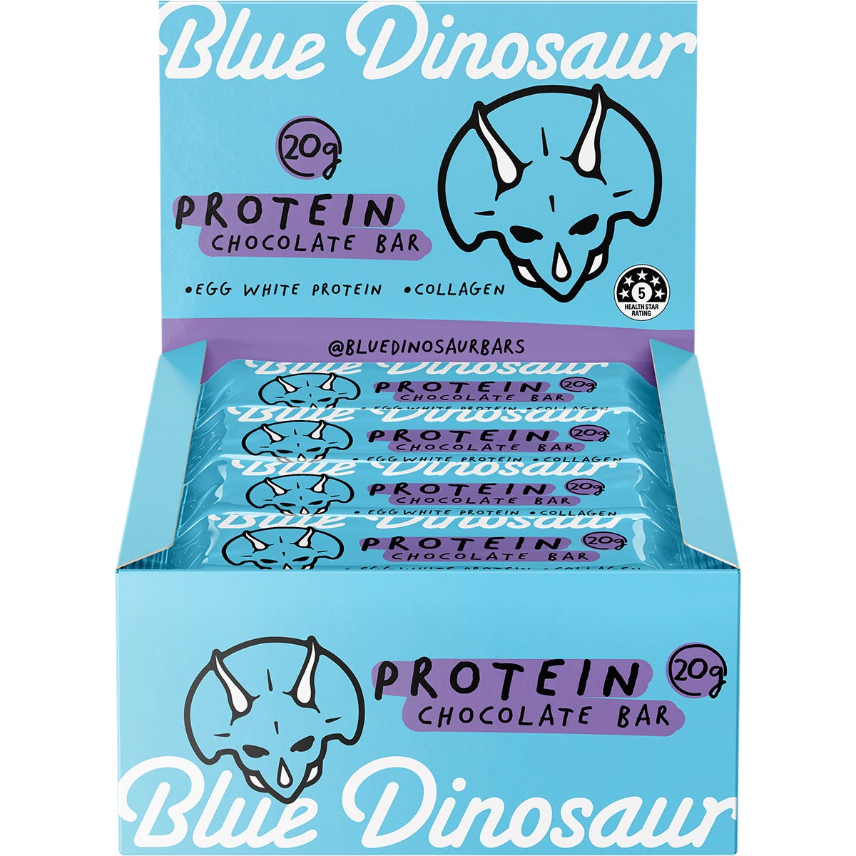 Side view of a 12-pack box of Blue Dinosaur Chocolate Protein Bars (60g) on a white background.