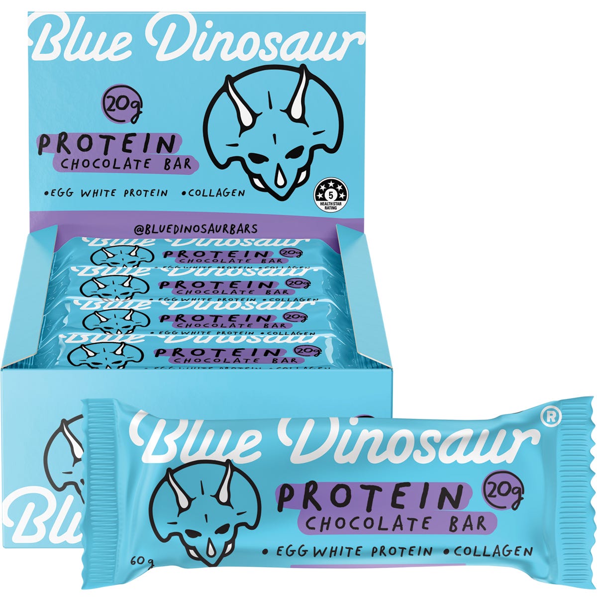 Blue Dinosaur Chocolate Protein Bar 60g 12-pack box and individual bar featuring a dark brown and blue label.
