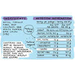 Back of Blue Dinosaur Chocolate Protein Bar wrapper showing ingredients and nutritional info on a blue background.