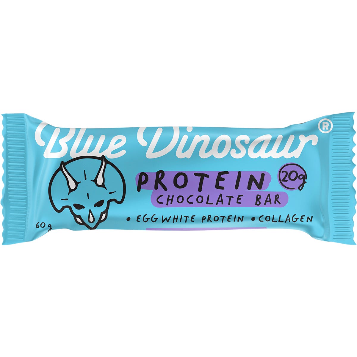 60g Blue Dinosaur Chocolate Protein Bar showing a dark brown and blue label on a white background.