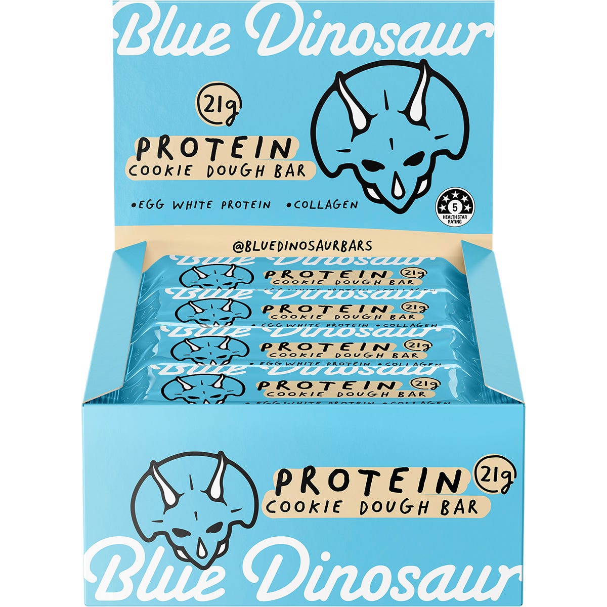 Back of Blue Dinosaur Cookie Dough Protein Bar 60g wrapper showing ingredients and nutrition facts.