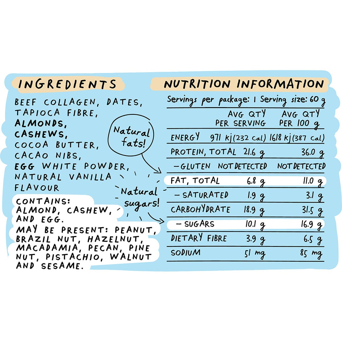 Blue Dinosaur Cookie Dough Protein Bar 60g shown from a side angle in its brown and blue wrapper on a white background.