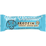 Blue Dinosaur Cookie Dough Protein Bar 60g in its brown and blue wrapper on a white background.