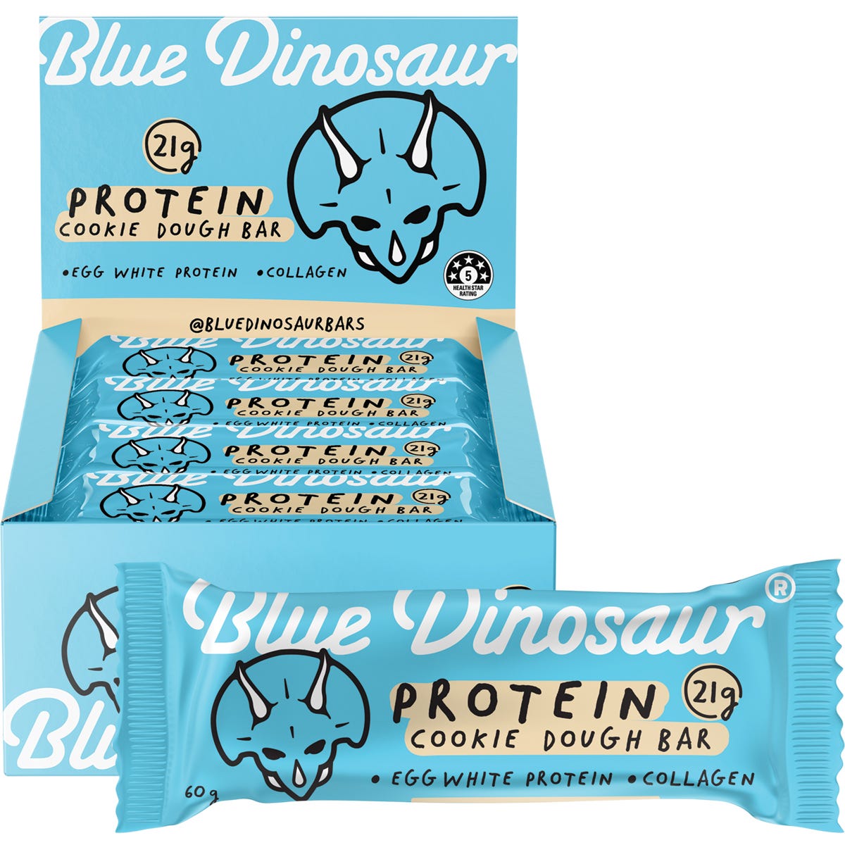 Blue Dinosaur Cookie Dough Protein Bar 60g pack of 12 box with natural ingredients and 25g protein per bar.