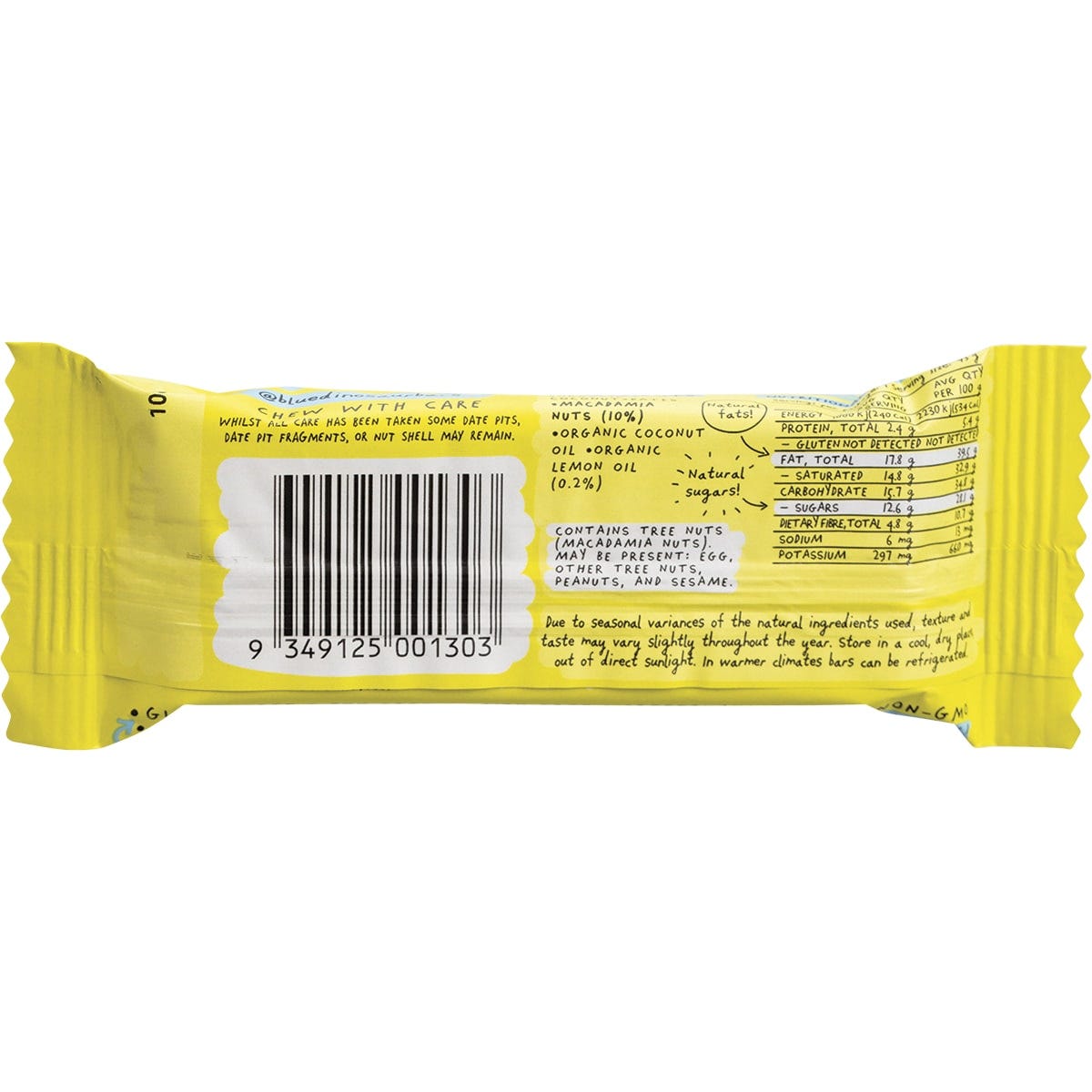 Side view of a 12-pack box of Blue Dinosaur Lemon and Macadamia bars showing product benefits and a "Paleo" label.