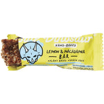 Back of a Blue Dinosaur Lemon & Macadamia 45g bar wrapper showing nutritional information and ingredients.