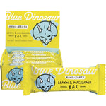 Box of 12 Blue Dinosaur Lemon and Macadamia 45g hand-baked paleo bars in yellow and white packaging.