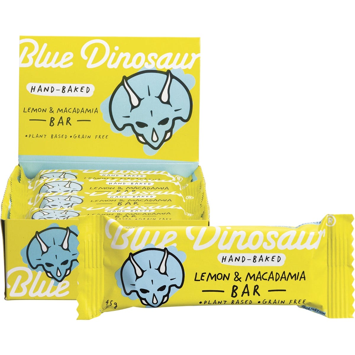 Box of 12 Blue Dinosaur Lemon and Macadamia 45g hand-baked paleo bars in yellow and white packaging.