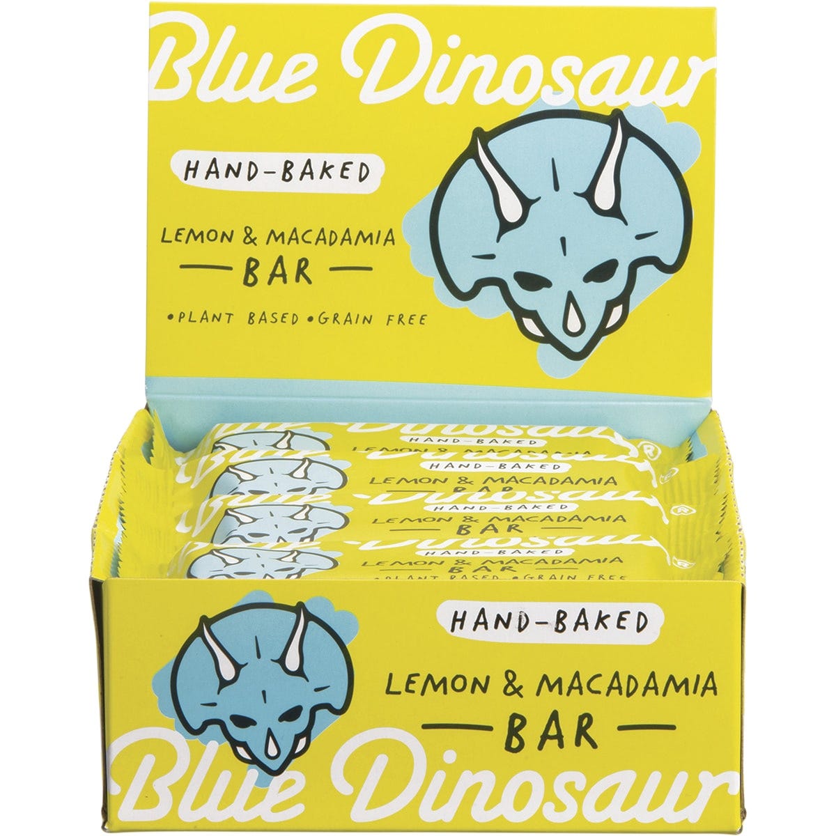 The side of a 12-pack box of Blue Dinosaur Lemon & Macadamia bars showing the "Nothing else!" ingredients list.