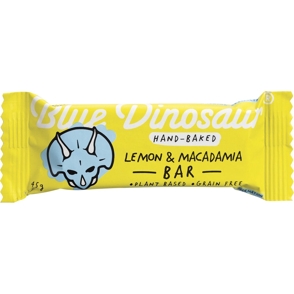 Single wrapped 45g Blue Dinosaur Lemon and Macadamia hand-baked bar on a white background.