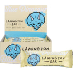 Box of 12 Blue Dinosaur Lamington Snack Bars (45g each) with real-food ingredients on a white background.