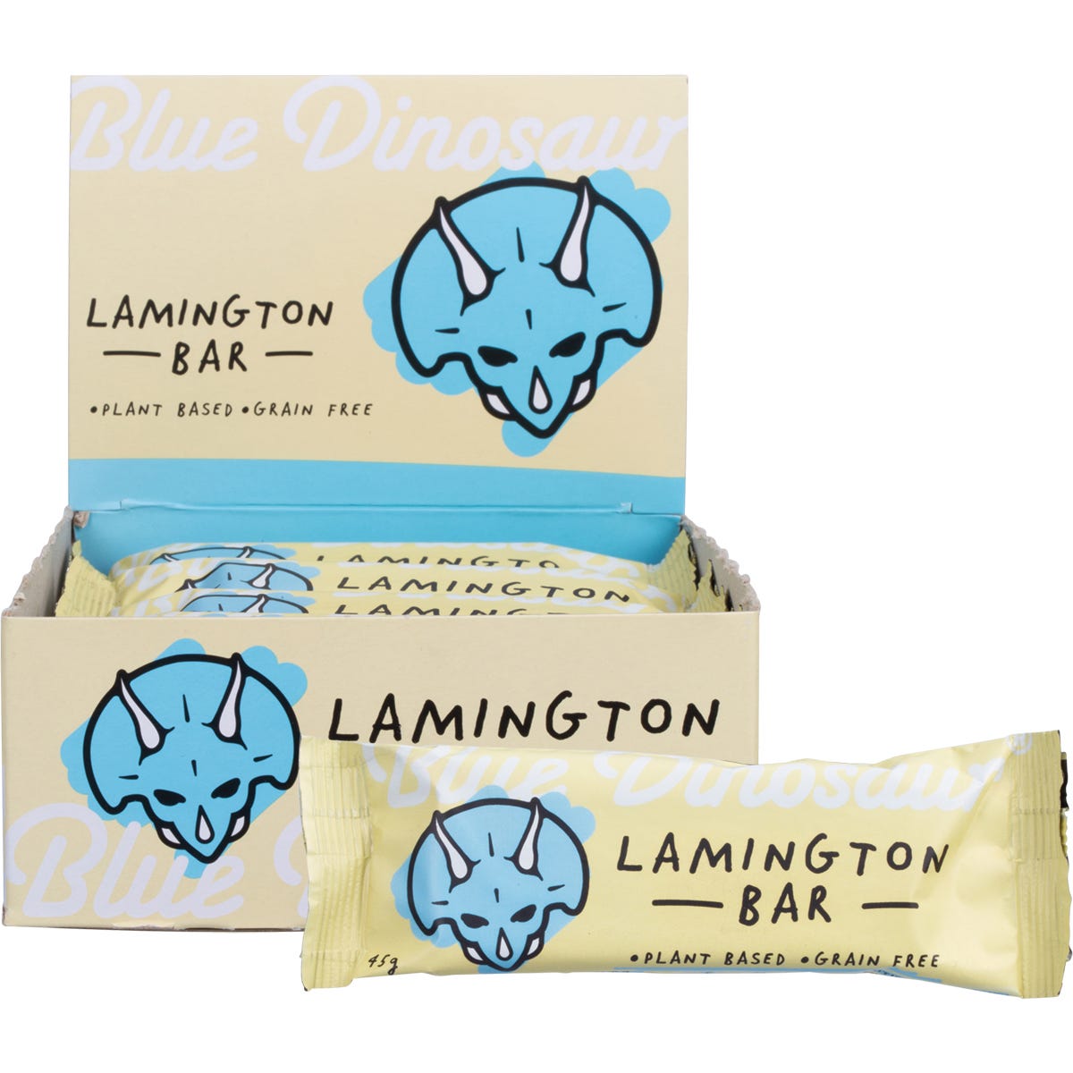 Box of 12 Blue Dinosaur Lamington Snack Bars (45g each) with real-food ingredients on a white background.