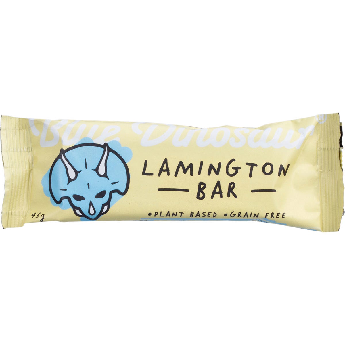 Blue Dinosaur Lamington 45g snack bar in a blue and white wrapper featuring a lamington and coconut illustration.