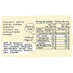 Back of Blue Dinosaur Lamington bar wrapper showing ingredients, nutrition facts, and 5-ingredient guarantee.