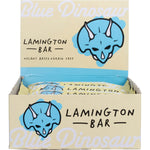 Side view of the Blue Dinosaur Lamington Snack Bar box highlighting real-food ingredients and nutritional benefits.