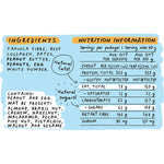 Nutritional facts and ingredients on the back of a Blue Dinosaur Peanut Butter Protein Bar 60g wrapper.