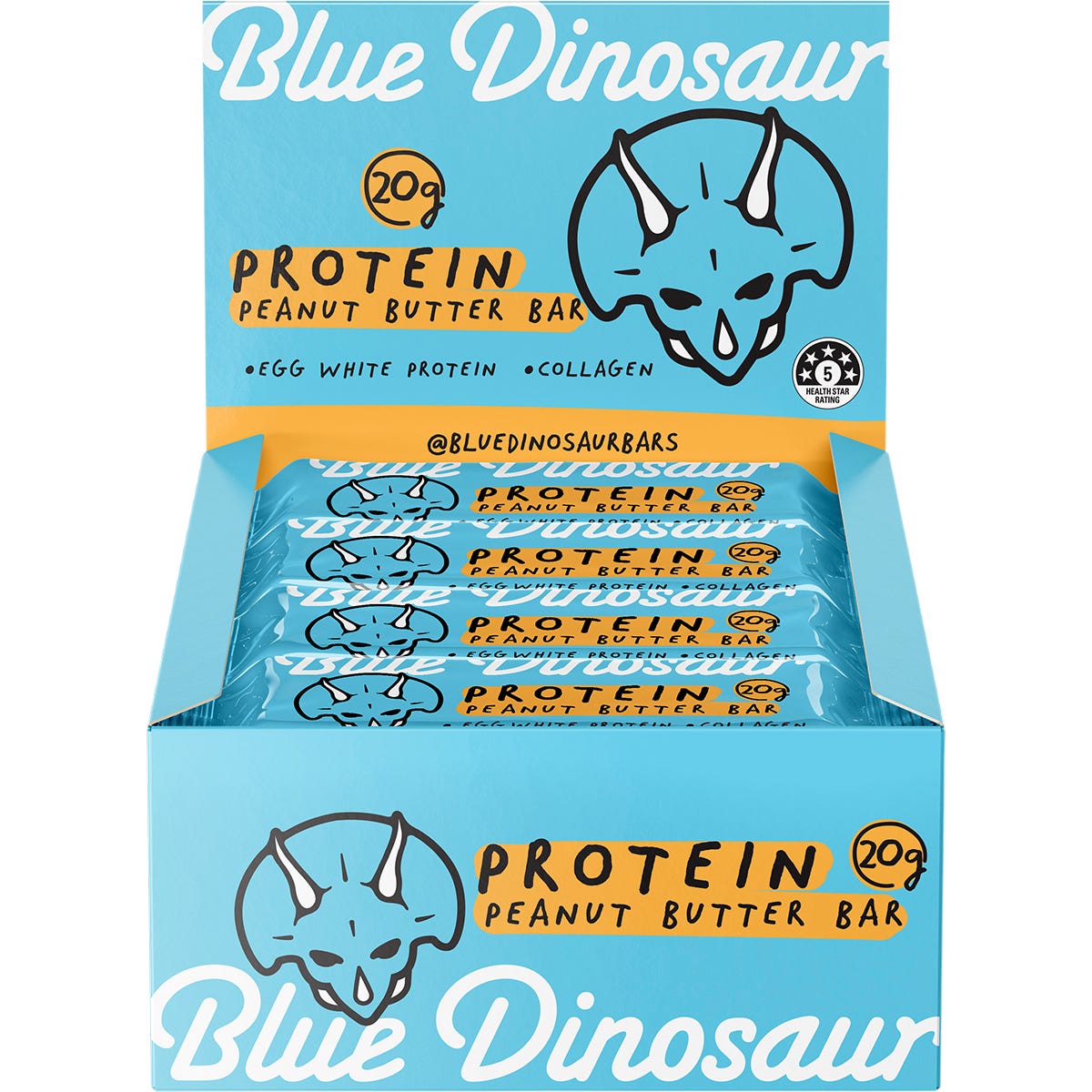 Display box of Blue Dinosaur Peanut Butter Protein Bars with a single 60g bar on a white background.